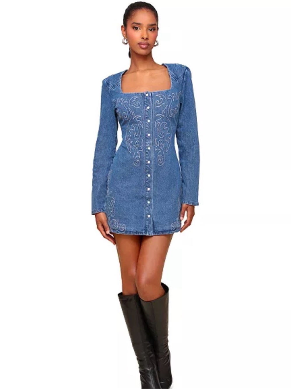 Denim Button-Front Mini Dress - Blue